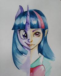 Size: 512x640 | Tagged: safe, artist:bunsogen, twilight sparkle, equestria girls, g4, clothes, female, human coloration, open mouth, self ponidox, solo, split screen, traditional art