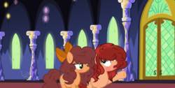 Size: 1024x515 | Tagged: safe, artist:xmelodyskyx, oc, oc only, oc:confetti chocolate, oc:red velvet, earth pony, pony, bow, female, hair bow, mare, twilight's castle