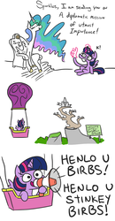 Size: 710x1368 | Tagged: safe, artist:jargon scott, princess celestia, twilight sparkle, alicorn, pony, sparkles! the wonder horse!, g4, birb, chair, comic, dialogue, eyes closed, female, glowing horn, griffonstone, grin, hand, henlo, horn, hot air balloon, k, leaning, long neck, magic, magic hands, mare, megaphone, meme, misspelling, open mouth, simple background, sitting, smiling, spread wings, squee, stinky birb, sunbutt, text, this will end in tears, this will end in war, throne, twibitch sparkle, twilight sparkle (alicorn), twinkling balloon, wat, white background, wide eyes, wing fluff, wings, yelling, 👌