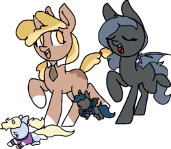 Size: 621x538 | Tagged: safe, artist:nootaz, oc, oc only, oc:angel tears, oc:nootaz, oc:nora swirl, oc:speck, bat pony, pony, unicorn, baby, baby pony, bat pony oc, clothes, female, filly, mother and daughter, necktie, simple background, sweater, transparent background