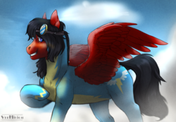 Size: 1130x782 | Tagged: safe, artist:marinavermilion, oc, oc only, oc:crimson swift, pegasus, pony, clothes, red and black oc, solo, uniform, wonderbolts uniform