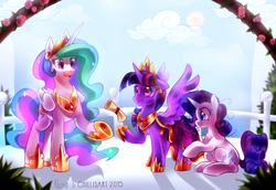 Size: 2500x1724 | Tagged: safe, artist:rhythmcrown, artist:spacecolonie, princess celestia, rarity, twilight sparkle, alicorn, pony, unicorn, g4, :t, cape, clothes, dress, female, jewelry, mare, nose wrinkle, raised hoof, regalia, scroll, sewing, sitting, smiling, snow, snowball, tiara, twilight sparkle (alicorn)