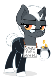 Size: 346x520 | Tagged: safe, artist:php11, derpibooru exclusive, oc, oc only, oc:pixel perfect, pony, unicorn, 2018 community collab, derpibooru community collaboration, .svg available, clothes, coin, female, frown, glasses, mare, sign, simple background, solo, standing, svg, tin can, transparent background, vector