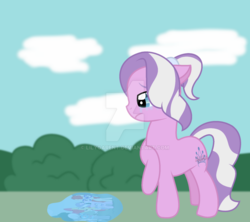 Size: 1024x910 | Tagged: safe, artist:lilygarent, diamond tiara, earth pony, pony, g4, crying, female, filly, older, puddle, solo, tree, water, watermark