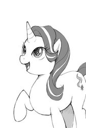 Size: 338x500 | Tagged: safe, artist:startrada, starlight glimmer, pony, unicorn, g4, female, happy, mare, monochrome, raised hoof, solo