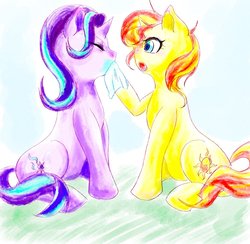 Size: 1250x1218 | Tagged: safe, artist:fiftystorm_mlp, starlight glimmer, sunset shimmer, pony, unicorn, g4, duo, eyes closed, female, mare, messy eating, wiping