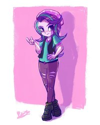 Size: 821x1024 | Tagged: safe, artist:yukinkoacf, starlight glimmer, human, equestria girls, g4, beanie, female, hat, looking at you, raised eyebrow, smiling, solo, standing