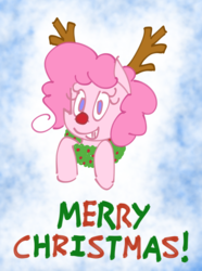 Size: 2632x3544 | Tagged: safe, artist:chumguzzle, pinkie pie, earth pony, pony, g4, antlers, christmas, christmas wreath, female, high res, holiday, looking at you, mare, no catchlights, red nose, reindeer antlers, smiling, solo, wreath