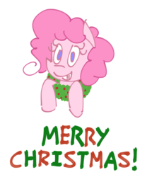 Size: 2632x3156 | Tagged: source needed, safe, alternate version, artist:chumguzzle, pinkie pie, earth pony, pony, g4, christmas, christmas wreath, female, high res, holiday, looking at you, mare, no catchlights, simple background, smiling, solo, white background, wreath