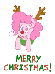 Size: 2632x3544 | Tagged: safe, alternate version, artist:chumguzzle, pinkie pie, earth pony, pony, g4, antlers, christmas, christmas wreath, female, high res, holiday, looking at you, mare, no catchlights, red nose, reindeer antlers, simple background, smiling, solo, white background, wreath