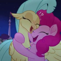 Size: 720x719 | Tagged: safe, screencap, pinkie pie, princess skystar, classical hippogriff, hippogriff, g4, my little pony: the movie, cute, diapinkes, duo focus, eyes closed, laughing, needs more jpeg, side hug, skyabetes