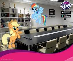 Size: 940x788 | Tagged: safe, gameloft, applejack, rainbow dash, earth pony, pegasus, pony, g4, bipedal, female, flying, irl, mare, my little pony logo, photo, ponies in real life, rearing