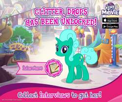 Size: 940x788 | Tagged: safe, gameloft, idw, glitter drops, pony, unicorn, g4, my little pony: the movie, female, idw showified, looking at you, mare, smiling
