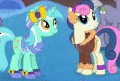 Size: 120x81 | Tagged: safe, gameloft, bon bon, limestone pie, lyra heartstrings, sweetie drops, earth pony, pony, g4, adorabon, animated, clothes, cute, female, gif, gif for breezies, hug, lyrabetes, picture for breezies, shipping fuel, snow