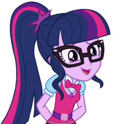 Size: 586x640 | Tagged: safe, artist:thebarsection, sci-twi, twilight sparkle, equestria girls, g4, mirror magic, spoiler:eqg specials, belt, bowtie, cute, female, giggling, glasses, hands behind back, not a vector, ponytail, simple background, solo, transparent background, twiabetes