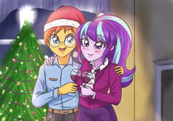 Size: 3543x2480 | Tagged: safe, artist:sumin6301, starlight glimmer, sunburst, equestria girls, g4, belt, christmas, christmas lights, christmas tree, clothes, equestria girls-ified, female, glass, glasses, grape juice, hat, high res, holiday, juice, male, night, pants, santa hat, ship:starburst, shipping, straight, tree