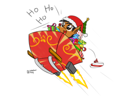 Size: 2500x2000 | Tagged: safe, artist:professionalpuppy, derpy hooves, oc, oc only, oc:cocoa mocha, pony, cardboard box, christmas, christmas tree, hat, holiday, plushie, present, rocket, santa hat, sled, solo, tree