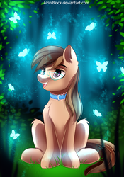 Size: 1557x2222 | Tagged: safe, artist:airiniblock, oc, oc only, oc:dawnsong, butterfly, pony, rcf community, chest fluff, collar, female, glasses, outdoors, solo