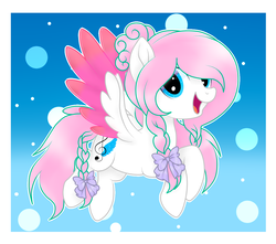 Size: 1225x1081 | Tagged: safe, artist:esthersai28, oc, oc only, oc:angelita music, pegasus, pony, base used, bow, colored wings, colored wingtips, female, flying, hair bow, looking at you, mare, movie accurate, open mouth, solo, tail bow