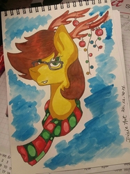 Size: 1836x2460 | Tagged: safe, artist:dixieart05, oc, oc only, pony, antlers, clothes, glasses, scarf, solo, traditional art