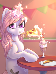 Size: 1024x1340 | Tagged: dead source, safe, artist:freckleplant, oc, oc only, oc:queen of silvers, pony, unicorn, art trade, cherry, eating, eye clipping through hair, female, food, glowing horn, horn, ice cream, levitation, looking at you, magic, mare, meat, mushroom, pepperoni, pepperoni pizza, pizza, root beer float, sitting, solo, straw, telekinesis