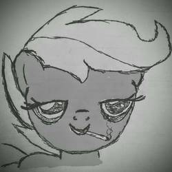 Size: 1423x1423 | Tagged: safe, scootaloo, pony, g4, 420, bloodshot eyes, drugs, female, grayscale, joint, marijuana, monochrome, smoke weed everyday, smoking, solo