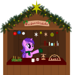 Size: 4651x4894 | Tagged: safe, artist:ironm17, amethyst star, sparkler, pony, unicorn, g4, absurd resolution, advent wreath, candle, christmas, christmas ball, christmas market, christmas pyramide, clothes, cup, female, german, gloves, grin, holiday, mare, scarf, schwibbogen, simple background, smiling, solo, transparent background, vector, winter outfit