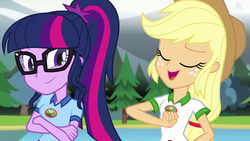 Size: 1280x720 | Tagged: safe, screencap, applejack, sci-twi, twilight sparkle, equestria girls, g4, my little pony equestria girls: legend of everfree, camp everfree outfits, cowboy hat, crossed arms, duo, eyes closed, freckles, hat, stetson, talking