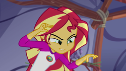 Size: 1280x720 | Tagged: safe, screencap, sunset shimmer, equestria girls, g4, my little pony equestria girls: legend of everfree, camp everfree outfits, clothes, female, looking down, solo, tent, trying