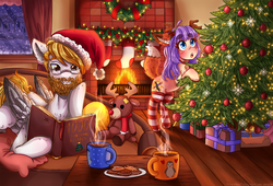 Size: 1980x1350 | Tagged: safe, artist:kitsu-chan11, oc, oc only, deer, pony, reindeer, bauble, beard, book, chocolate, christmas, christmas tree, clothes, cookie, couch, facial hair, female, fireplace, food, gift art, glasses, holiday, hot chocolate, male, mare, mug, plushie, reading, snow, socks, stallion, stockings, striped socks, thigh highs, tree, window, wreath