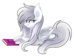 Size: 600x450 | Tagged: safe, artist:morries123, oc, oc only, oc:juille, pegasus, pony, book, female, mare, prone, simple background, solo, transparent background