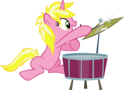 Size: 5257x3835 | Tagged: safe, artist:ironm17, sunshine smiles, earth pony, pony, unicorn, baby cakes, g4, cymbals, drum sticks, drumming, drums, female, grin, mare, musical instrument, simple background, sitting, smiling, solo, transparent background, vector
