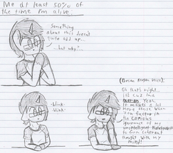 Size: 2109x1868 | Tagged: safe, artist:binary6, oc, oc only, oc:happy wigglesworth, unicorn, anthro, clothes, freckles, glasses, lined paper, male, monochrome, shirt, solo, stupid, traditional art
