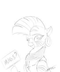 Size: 2500x3000 | Tagged: safe, artist:skitsroom, zecora, pony, zebra, g4, bronybait, cute, ear piercing, earring, female, fluffy, free hugs, high res, jewelry, lineart, looking at you, monochrome, neck rings, piercing, quadrupedal, sign, simple background, solo, white background, zecorable, zoomorphic