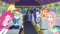Size: 1920x1080 | Tagged: safe, screencap, applejack, fluttershy, pinkie pie, rainbow dash, rarity, sunset shimmer, equestria girls, g4, my little pony equestria girls: better together, road trippin, bus, converse, female, seatbelt, shoes, tour bus