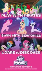Size: 564x949 | Tagged: safe, applejack, boyle, fluttershy, lix spittle, mullet (g4), pinkie pie, princess skystar, rainbow dash, rarity, spike, squabble, twilight sparkle, alicorn, parrot pirates, seapony (g4), g4, my little pony: the movie, official, basket, bioluminescent, blue eyes, blushing, bubble, coral, cropped, cute, dare to discover, dorsal fin, eyeshadow, female, fin, fin wings, fins, fish tail, floppy ears, flower, flower in hair, flowing mane, flowing tail, freckles, glowing, glowing horn, grin, happy, horn, jewelry, lidded eyes, logo, magic, makeup, mane seven, mane six, necklace, ocean, open mouth, pearl necklace, pinkie pirate, pinterest, pirate, pirate applejack, pirate fluttershy, pirate pinkie pie, pirate rarity, play with pirates, seaponified, seapony pinkie pie, seapony rarity, seaquestria, seashell, seaweed, shell, skyabetes, smiling, species swap, swim with seaponies, swimming, tail, twilight sparkle (alicorn), underwater, water, wings