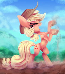 Size: 2000x2297 | Tagged: safe, artist:discorded, applejack, earth pony, pony, g4, cowboy hat, eyes closed, female, happy, hat, high res, majestic, mare, open mouth, rearing, smiling, solo, standing up, stetson, xd, yay, yeehaw