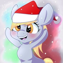 Size: 900x900 | Tagged: safe, artist:donutnerd, derpy hooves, pegasus, pony, g4, christmas, female, happy, hat, holiday, santa hat, smiling, snow, solo