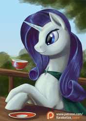 Size: 636x900 | Tagged: safe, artist:kirillk, rarity, pony, unicorn, g4, cape, clothes, cup, female, glowing horn, horn, magic, mare, patreon, patreon logo, pin, saucer, sky, solo, table, teacup, telekinesis, tree