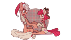 Size: 3572x2005 | Tagged: safe, artist:motger-mor, apple bloom, applejack, earth pony, pony, g4, bow, christmas, clothes, duo, female, filly, hair bow, hat, high res, holding hooves, holiday, looking at each other, mare, santa hat, scarf, sibling love, siblings, signature, sisterly love, sisters, sitting, smiling, transparent background