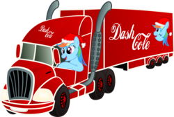 Size: 5000x3380 | Tagged: safe, artist:deyrasd, rainbow dash, pegasus, pony, g4, absurd resolution, christmas, coca-cola, female, hat, holiday, mare, santa hat, semi truck, simple background, solo, transparent background, truck, vector