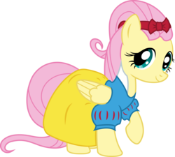 Size: 6080x5464 | Tagged: safe, artist:deyrasd, fluttershy, pegasus, pony, g4, absurd resolution, alternate hairstyle, clothes, cosplay, costume, dress, female, folded wings, looking at you, mare, raised hoof, simple background, smiling, snow white, solo, transparent background, vector