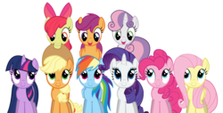 Size: 7069x3581 | Tagged: safe, artist:ramseybrony17, apple bloom, applejack, fluttershy, pinkie pie, rainbow dash, rarity, scootaloo, sweetie belle, twilight sparkle, earth pony, pegasus, pony, unicorn, g4, absurd resolution, cutie mark crusaders, female, filly, folded wings, looking at each other, mane six, mare, open mouth, open smile, simple background, smiling, smiling at each other, transparent background, unicorn twilight, vector