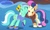 Size: 1048x639 | Tagged: safe, gameloft, bon bon, lyra heartstrings, sweetie drops, earth pony, pony, unicorn, g4, best friends, boss battle, cheek to cheek, duo, female, gameloft shenanigans, hug, mare, shipping fuel, snow, upscaled