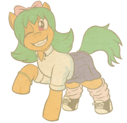 Size: 1233x1200 | Tagged: safe, artist:regularmouseboy, derpibooru exclusive, oc, oc only, oc:pumpkin pudding pie, earth pony, pony, 2018 community collab, derpibooru community collaboration, 20th century, bobby soxer, bow, bracelet, clothes, converse, freckles, jewelry, one eye closed, raised hoof, shirt, shoes, simple background, skirt, smiling, socks, transparent background, vintage, wink
