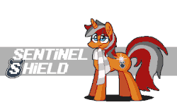 Size: 900x548 | Tagged: safe, artist:panyang-panyang, oc, oc only, oc:sentinel shield, pony, unicorn, animated, barrier, blinking, clothes, commission, gif, glasses, head turn, loop, magic, male, name, one eye closed, pixel art, popping, scarf, shield, shining, simple background, solo, sparkles, stallion, white background, wink