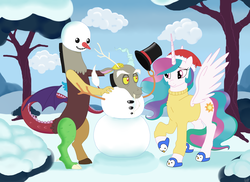 Size: 3507x2550 | Tagged: safe, artist:aerthmanolo, discord, princess celestia, alicorn, draconequus, pony, g4, bipedal, carrot, christmas, clothes, couple, discord being discord, facial hair, female, food, happy, hat, high res, holiday, male, mare, santa hat, ship:dislestia, shipping, slippers, smiling, snow, snowman, straight, top hat, winter