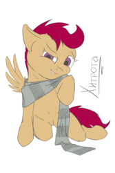 Size: 4000x6000 | Tagged: safe, artist:madgehog, edit, scootaloo, pegasus, pony, g4, belly, belly button, blushing, clothes, colored, cute, cyrillic, dressup, female, filly, flat colors, looking at you, russian, scarf, solo, spread wings, teeth, wingboner, wings