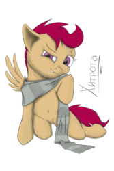 Size: 4000x6000 | Tagged: safe, artist:madgehog, edit, scootaloo, pegasus, pony, g4, belly, belly button, blushing, clothes, colored, cute, cyrillic, dressup, female, filly, looking at you, mare, russian, scarf, shading, signature, simple background, solo, spread wings, teeth, white background, wingboner, wings