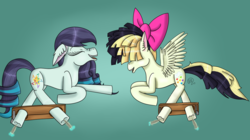 Size: 1084x605 | Tagged: safe, alternate version, artist:rose-blade, coloratura, songbird serenade, earth pony, pegasus, pony, g4, my little pony: the movie, ear fluff, eyes closed, feather, female, fetish, hoof fetish, hoof tickling, laughing, mare, open mouth, rara, stocks, tickling